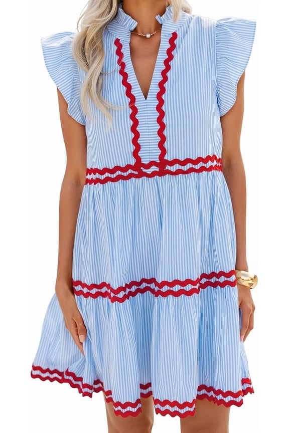 WrongDuck Women's Summer Casual Mini Dress 2026 V Neck Flutter Short Sleeve Striped Ruffle A Line Beach Vacation Dresses