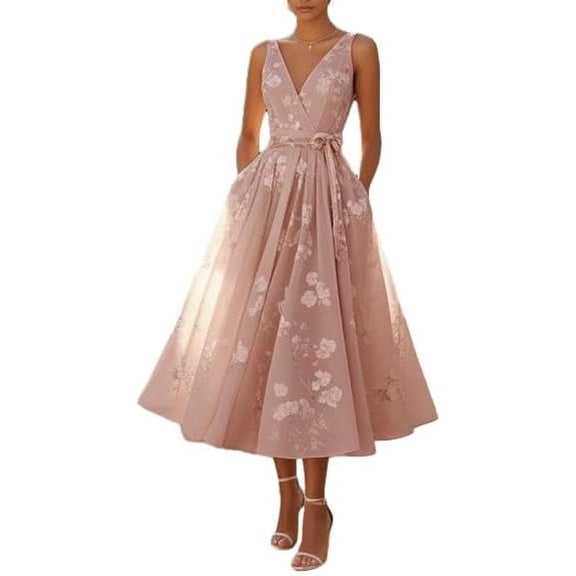 WrongDuck Womens Floral Midi Dress V Neck Sleeveless A Line Wedding Guest Dress Elegant Fit and Flare Cocktail Party Dress