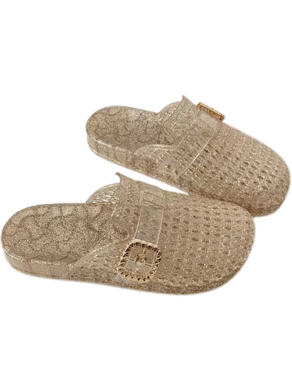 WrongDuck Womens Jelly Shoes, White Jellies Sandals Glitter Clear Flats Slip On Summer Beach Slippers Transparent Closed Toe Soft Slide