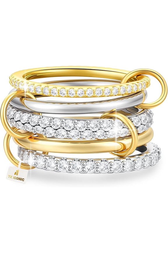 Wrongduck 18K Gold Plated Stackable Rings for Women, Silver and Gold Mixed Metal CZ Ring Set, Dainty Non-Tarnish Linked Bands for Engagement, Wedding, Birthday, Gifts