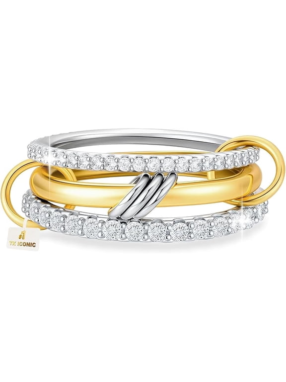 18K Gold Plated Stackable Rings for Women, Silver and Gold Mixed Metal CZ Ring Set, Dainty Non-Tarnish Linked Bands for Engagement, Wedding, Birthday, Gifts