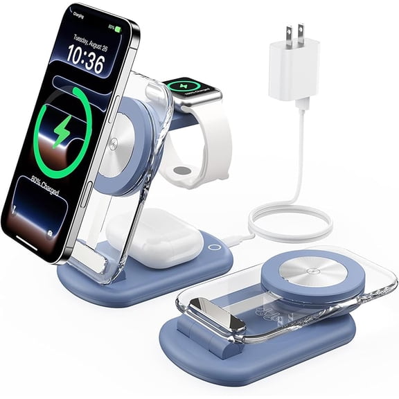 Wrongduck 3 in 1 Magnetic Wireless Charging Station for Apple Devices, Foldable Fast Mag Charger Stand with Night Light for iPhone 17–12, Apple Watch & AirPods Pro
