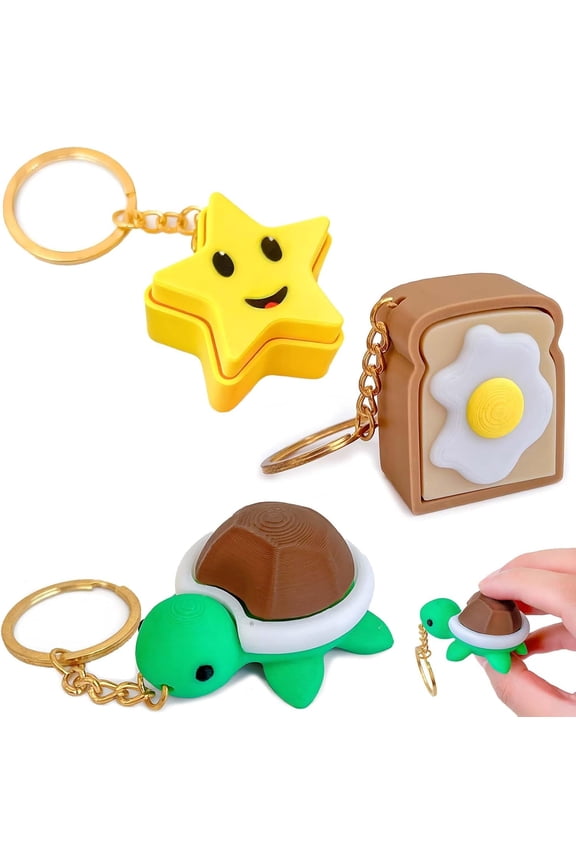 Wrongduck 3 Pack Fidget Clicker Keychain Mechanical Keyboard Button Toy 3D Printed Portable Desk Accessory with Tortoise Star Toast Designs