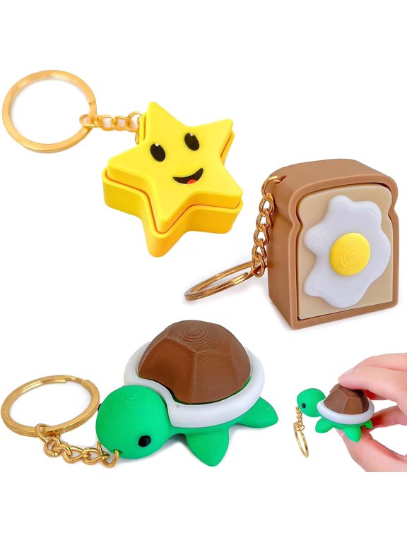 Wrongduck 3 Pack Fidget Clicker Keychain Mechanical Keyboard Button Toy 3D Printed Portable Desk Accessory with Tortoise Star Toast Designs