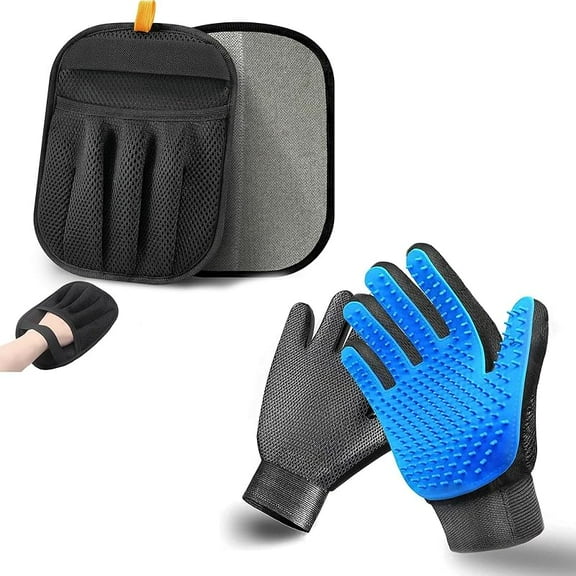 Wrongduck 4-in-1 Pet Grooming Kit for Dogs & Cats, Deshedding Rake, Fine Tooth Comb, Grooming Gloves & Massage Brush, Detangling & Shedding Control Tools for Long & Short Hair Pets