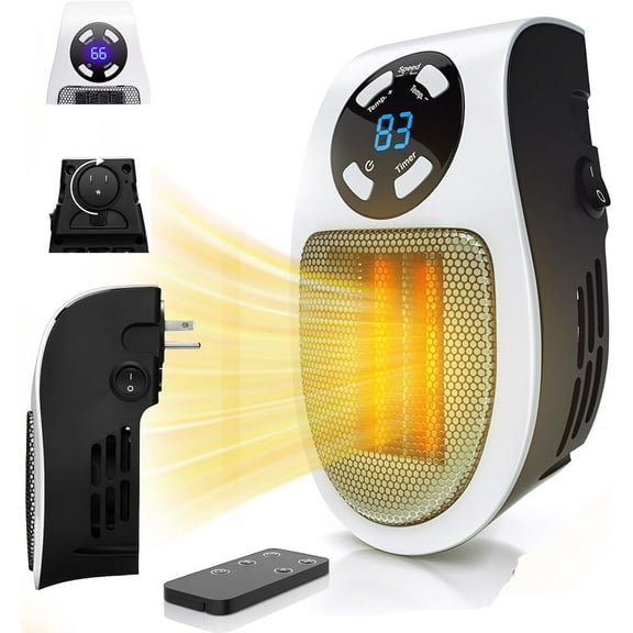 Wrongduck 450W Mini Space Heater Plug-In with Temperature Detection, Remote Control Wall Outlet Heater with Adjustable Thermostat, Timer and LED Display for Office RV