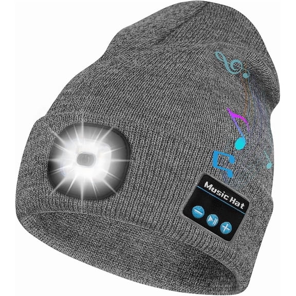 Wrongduck Bluetooth Beanie Hat with Light, Wireless Headlamp Cap with Built-in Speaker & Mic, Rechargeable LED and Headphones, Warm Winter Gift for Men & Women
