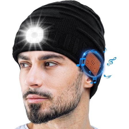 Wrongduck Bluetooth Beanie Hat with Light, Wireless Music Knit Cap with 5 LED Modes & Built-in Speakers, USB Rechargeable Winter Gift for Men, Dad, and Outdoor Use