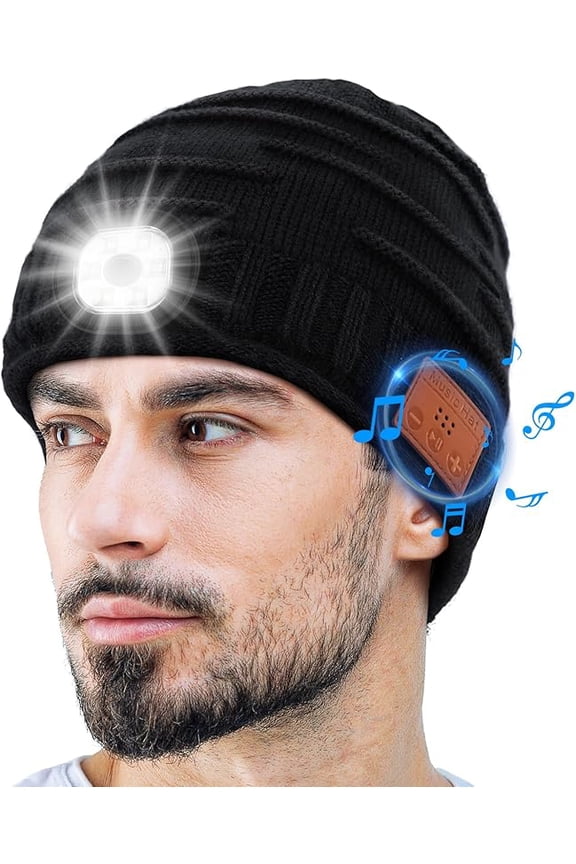 Bluetooth Beanie Hat with Light, Wireless Music Knit Cap with 5 LED Modes & Built-in Speakers, USB Rechargeable Winter Gift for Men, Dad, and Outdoor Use