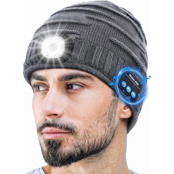 Wrongduck Bluetooth Beanie Hat with Light, Wireless Music Knit Cap with 5 LED Modes & Built-in Speakers, USB Rechargeable Winter Gift for Men, Dad, and Outdoor Use