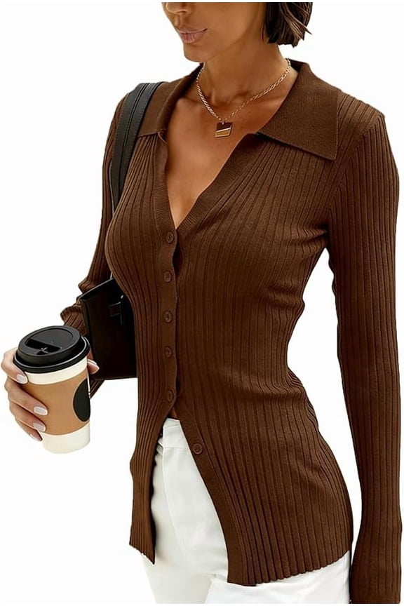 Wrongduck Button Up Cardigan Sweater for Women, Long Sleeve Fitted Knit Work Sweater with Polo Collar and Cinched Waist, Winter Layering Top