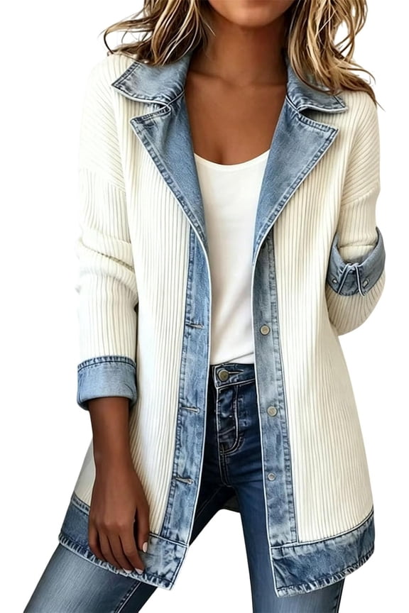 Wrongduck Casual Denim Patchwork Shacket for Women Button Front Long Sleeve Shirt Jacket Loose Collared Outerwear