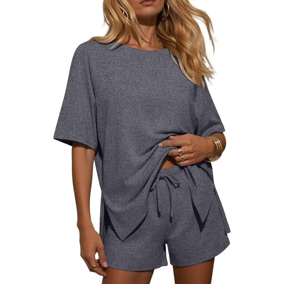 Carlikeit Casual Women Lounge Set 2026 2 Piece Summer Short Outfit Crewneck Top and Drawstring Shorts Matching Set for Daily Wear Travel