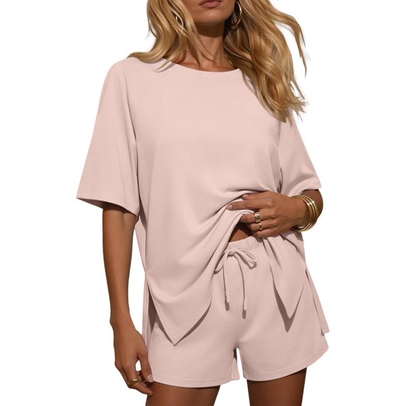 Carlikeit Casual Women Lounge Set 2026 2 Piece Summer Short Outfit Crewneck Top and Drawstring Shorts Matching Set for Daily Wear Travel
