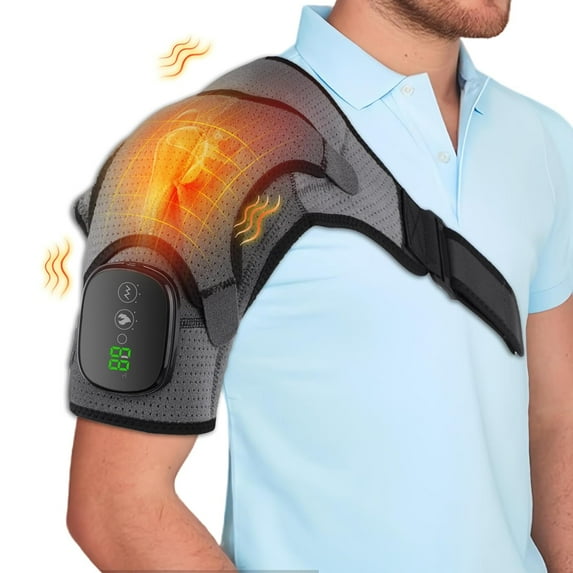 Wrongduck Cordless Heated Shoulder Brace Wrap with Massage, 3 Heat & Vibration Modes, 5000mAh Rechargeable Heating Pad Shoulder Massager for Men and Women
