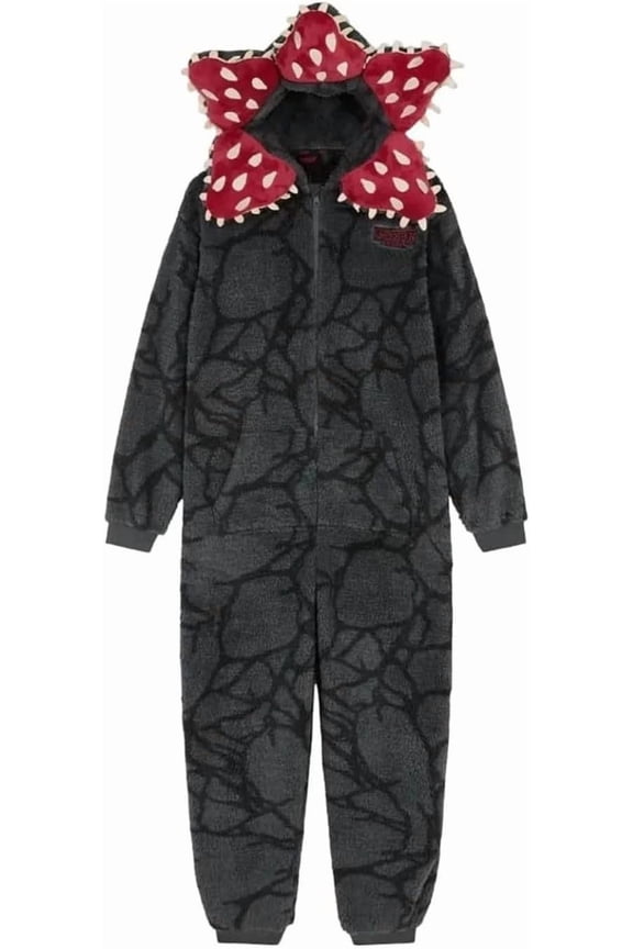 Wrongduck Demogorgon Hooded Fleece Onesie Jumpsuit for Adults, Long Sleeve Zip-Up Pajama Hoody Loungewear, Fuzzy Warm Winter One-Piece