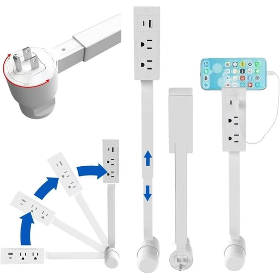 Wrongduck Extendable Outlet Extender for Hard-to-Reach Spaces, 21–27.5 Inch Telescopic Power Strip with 2 AC Outlets, USB-C and USB-A Ports for Home Office
