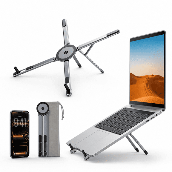 Wrongduck Foldable Laptop Stand with Magnetic Phone Holder, Adjustable Aluminum Computer Riser for MacBook, Dell, HP, Lenovo, Tablet and Smartphone