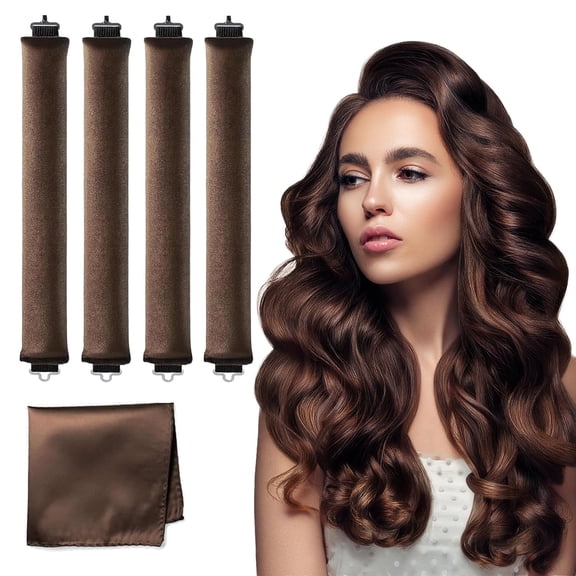 Wrongduck Heatless Curlers Set 4 Pack Velvet Hair Curlers Overnight Rods No Heat Curling Tool for Easy Styling Natural Waves Brown