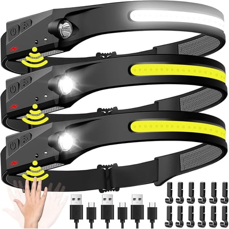 Wrongduck LED Headlamp Rechargeable, 230 °   Wide Beam Head Band Light with Motion Sensor, 5 Modes, Waterproof Lightweight Head Lamp for Camping, Hiking and Outdoor Use