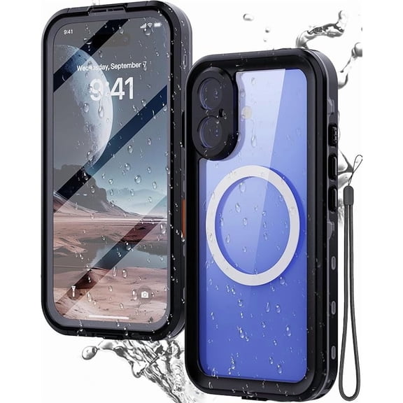 Wrongduck Magnetic Waterproof Case for iPhone 16, Black/Clear 360° Full Body Shockproof Dustproof Phone Case with Camera Control Button, MagSafe Compatible, Built-in Screen Protector