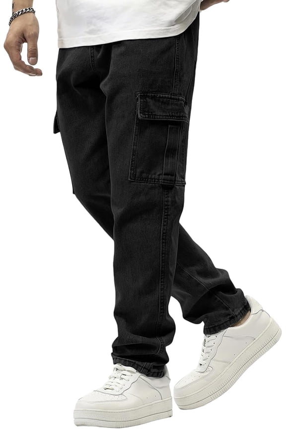 Wrongduck Men's Relaxed Fit Cargo Jeans Elastic Waist Stretch Denim Pants with Drawstring Casual Utility Denim Trousers with Multiple Pockets