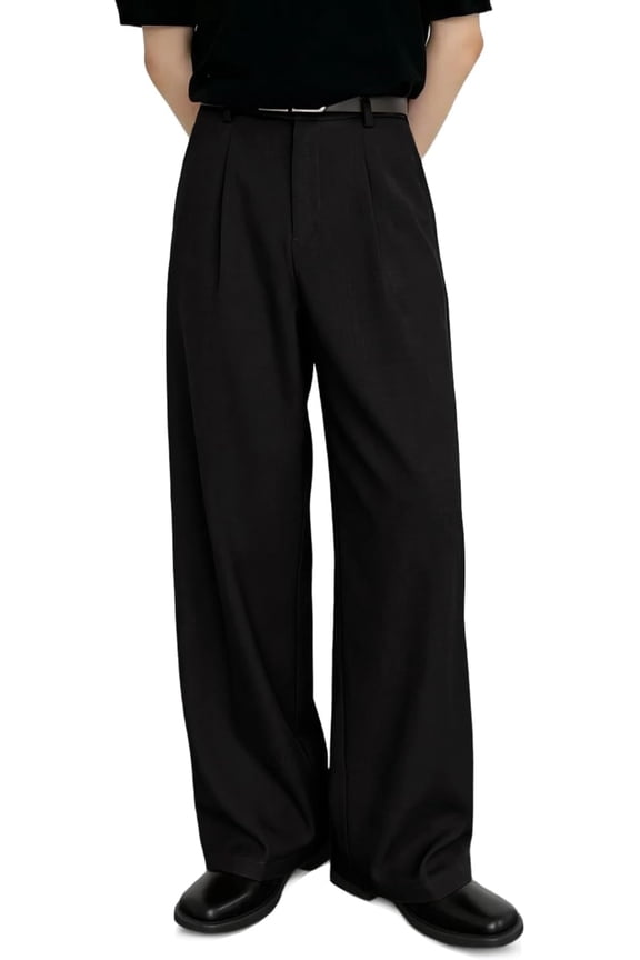 Wrongduck Men's Wide Leg Dress Pants 30 Inch Inseam Loose Fit Pleated Stretch Slacks Elastic Waist Business Casual Trousers