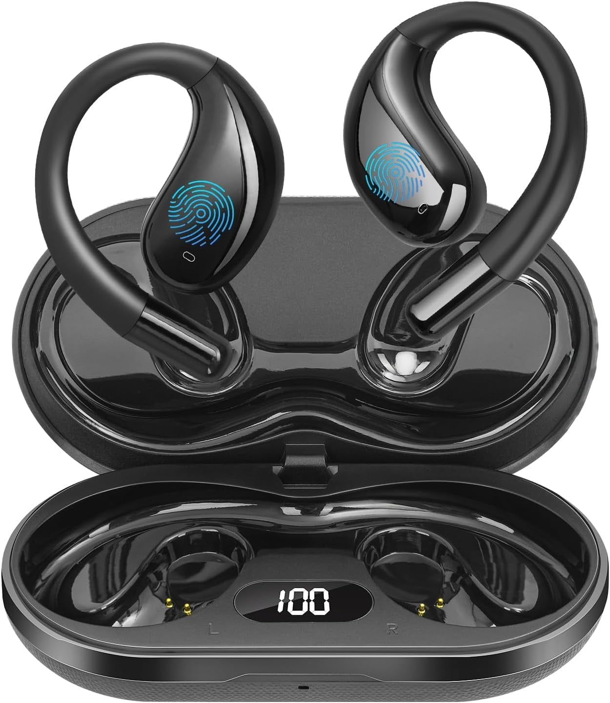 Wrongduck Open Ear Clip Wireless Earbuds 2026 Upgrade, Bluetooth 5.4 Bone Conduction Headphones with LED Display Case, IPX7 Waterproof Ear Hooks for Running Office Black