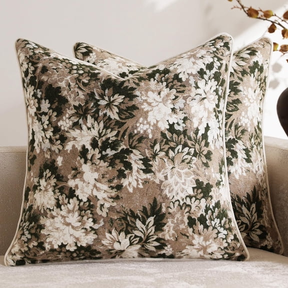 Wrongduck Pack of 2 Vintage Floral Throw Pillow Covers 18x18, Chenille Square Decorative Cushion Cases for Couch Sofa Bed Farmhouse Boho Home Decor