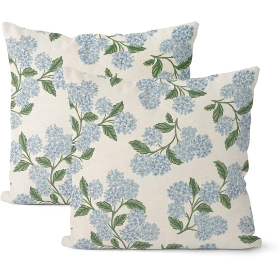 Wrongduck Pillow Covers 18x18 Inch 2 Pcs Blue Green Hydrangea Flower Decor Throw Pillows Vintage Floral Seasonal Summer Outdoor Decoration Pillowcase Linen Cushion Cover for Couch Sofa