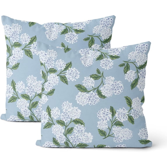 Wrongduck Pillow Covers 18x18 Inch 2 Pcs Blue Green Hydrangea Flower Decor Throw Pillows Vintage Floral Seasonal Summer Outdoor Decoration Pillowcase Linen Cushion Cover for Couch Sofa