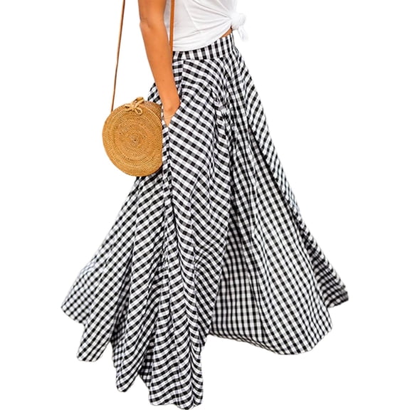 Wrongduck Plaid Maxi Skirt Women 2026 High Waist Flared Long Skirt Casual Gingham A Line Skirt with Pockets for Daily Wear Vacation Outfit