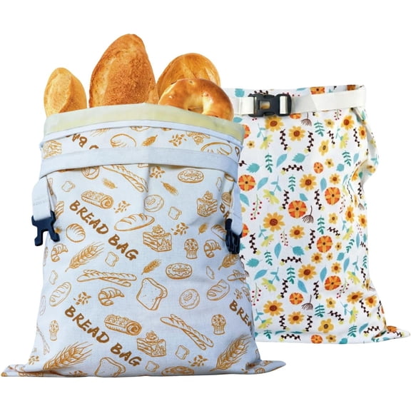 Wrongduck Reusable Beeswax Bread Bags 2 Pack XL, Organic Cotton Sourdough Bread Storage Bags with Zipper and Roll-Top Buckle, 13 x 17 Inches