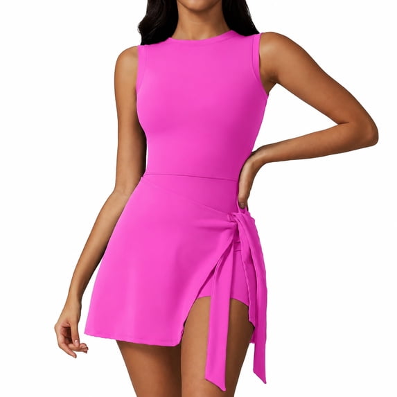 Carlikeit Sleeveless Athletic Dress for Women, High Neck Tennis Romper with Built-In Shorts, Backless Golf Dress with Wrap Skirt for Active Lifestyle