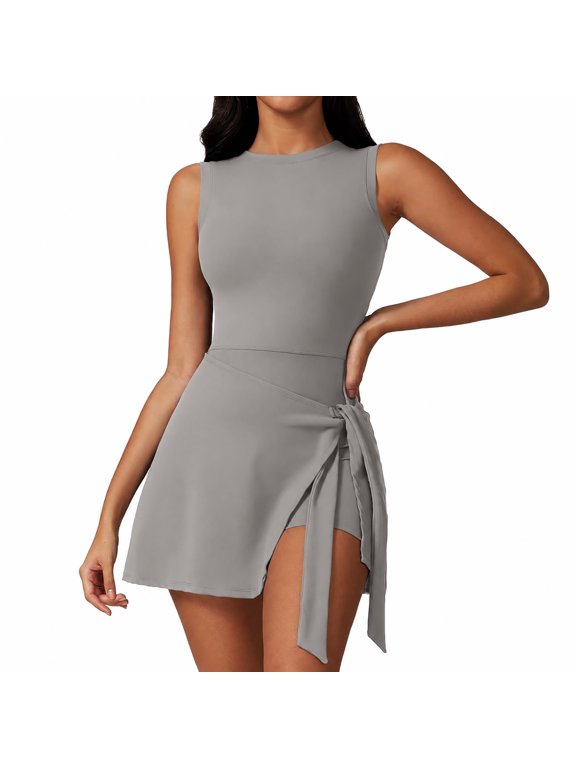 Sleeveless Athletic Dress for Women, High Neck Tennis Romper with Built-In Shorts, Backless Golf Dress with Wrap Skirt for Active Lifestyle