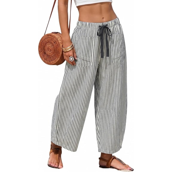 Wrongduck Summer Women Barrel Pants Striped Wide Leg Capri Lounge Drawstring Trousers Casual Beach Vacation Loose Pants with Pockets