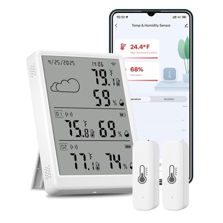 Wrongduck WiFi Thermometer Hygrometer 3 Pack, Smart Indoor Temperature Humidity Monitor with 2 Wireless Sensors, 382Ft Range, App Control and Data Export