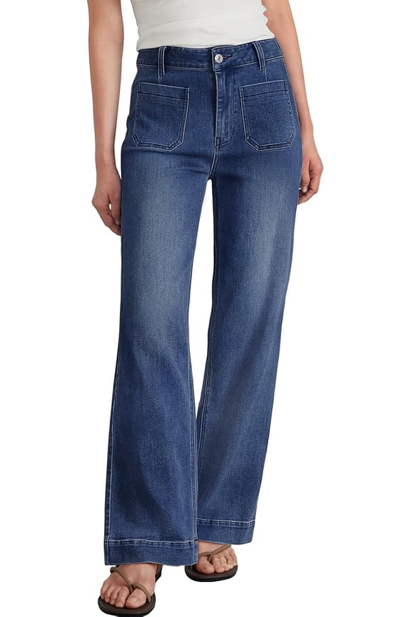 Wrongduck Women Baggy Wide Leg Jeans High Waisted Stretch Denim Pants Straight Leg Casual Retro Style Jeans with Pockets