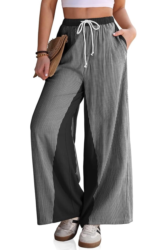 Wrongduck Women Casual Linen Wide Leg Pants Striped Drawstring Elastic Waist Loose Summer Beach Palazzo Pants with Pockets