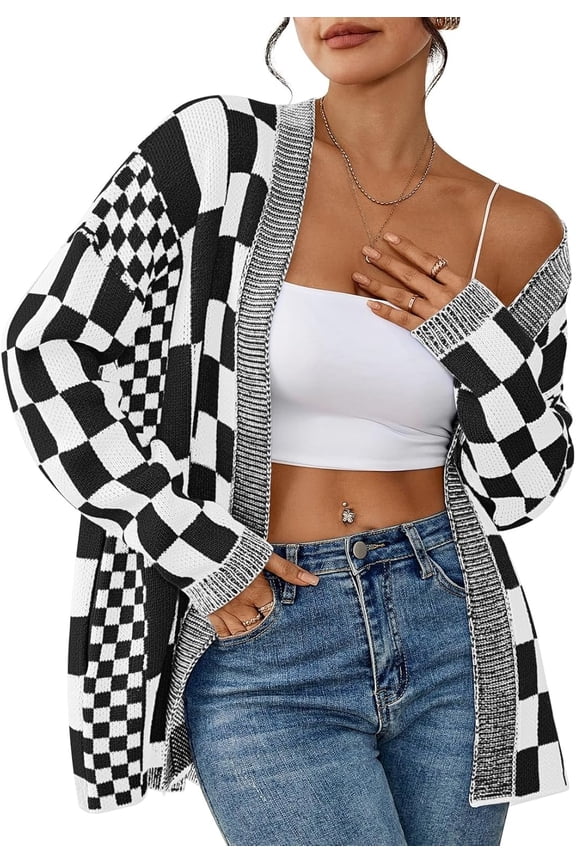 Wrongduck Women Checkered Cardigan Sweater 2026 Casual Long Sleeve Plaid Knit Open Front Coat with Pockets Fall Winter Outwear