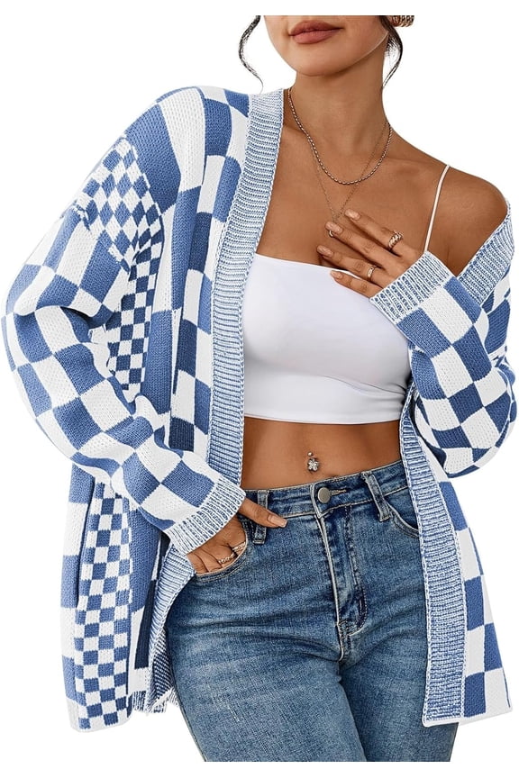 Wrongduck Women Checkered Cardigan Sweater 2026 Casual Long Sleeve Plaid Knit Open Front Coat with Pockets Fall Winter Outwear