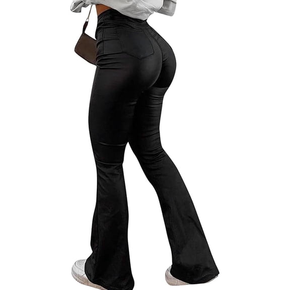Wrongduck Women Faux Leather Butt Lifting Flare Leggings High Waist Bell Bottom Pants with Pockets Stretchy Sexy PU Leather Pants