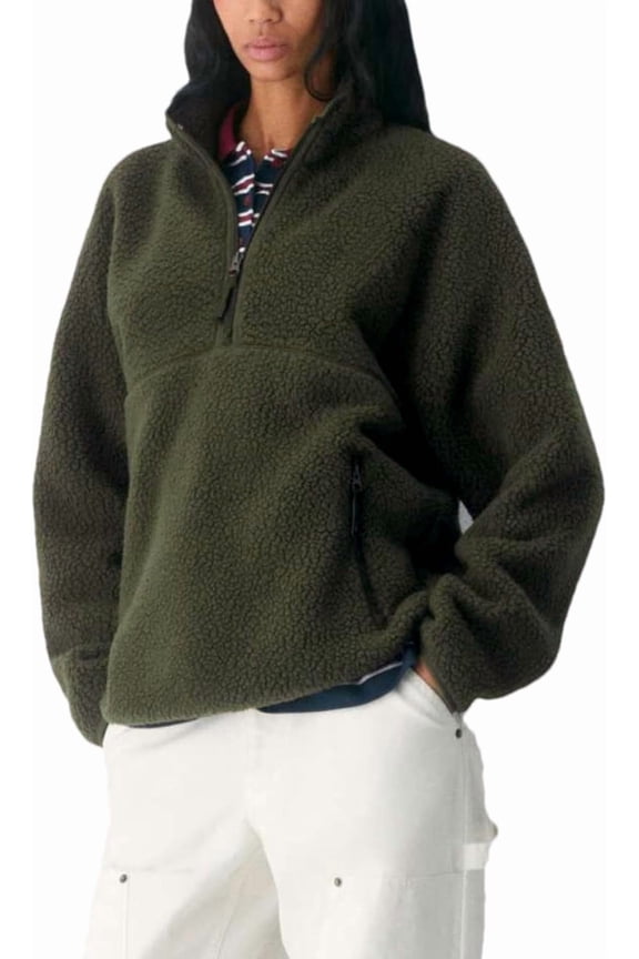 Wrongduck Women Fleece Pullover Half Zip Sherpa Jacket Long Sleeve Teddy Sweatshirt with Side Pockets Warm Casual Outerwear