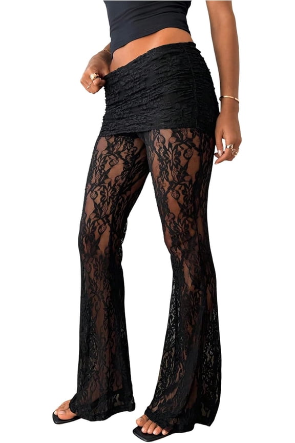 Wrongduck Women Floral Lace Sheer Mesh Flare Pants, Elastic Waist Bell Bottom Leggings, See Through Long Trousers for Casual and Party Wear