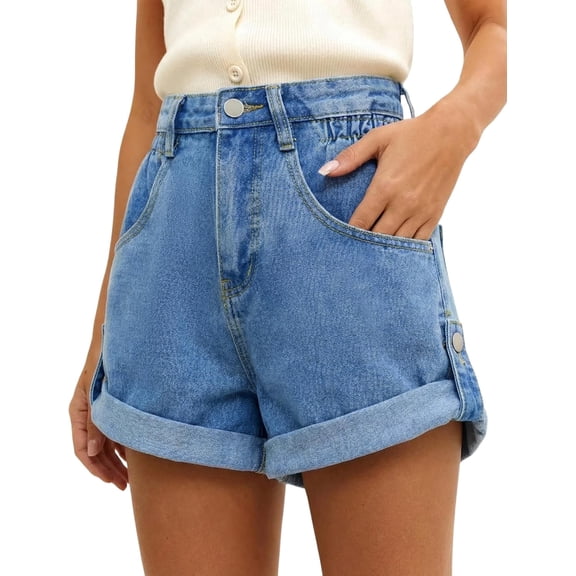 Carlikeit Women High Waisted Denim Shorts 2026 Upgrade Stretchy Rolled Hem Jean Shorts Casual Summer Jorts with Pockets Relaxed Fit