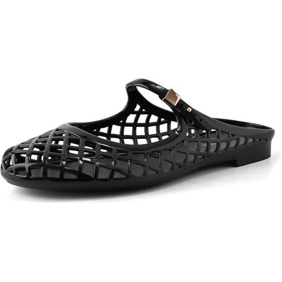 Wrongduck Women Jelly Flats Mesh Mary Jane Shoes, Breathable Slip On Sandals with Buckle Strap Closed Round Toe Flexible Soft Sole Summer Casual Footwear
