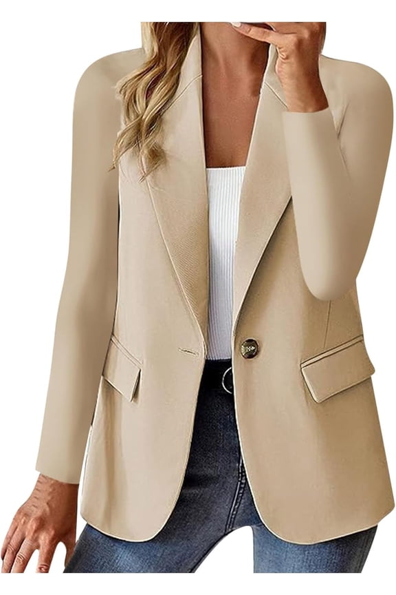 Wrongduck Women Long Sleeve Blazer Notch Lapel Single Button Open Front Work Office Jacket Casual Business Suit Outerwear