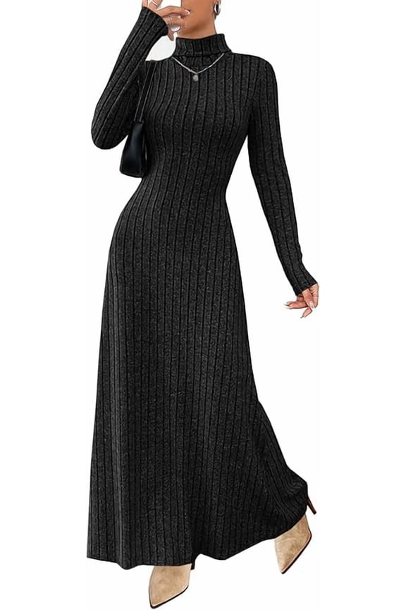 Wrongduck Women Long Sleeve Ribbed Knit Maxi Dress Turtleneck Bodycon Sweater Dress Fall Winter Casual Solid Color Going Out Dress