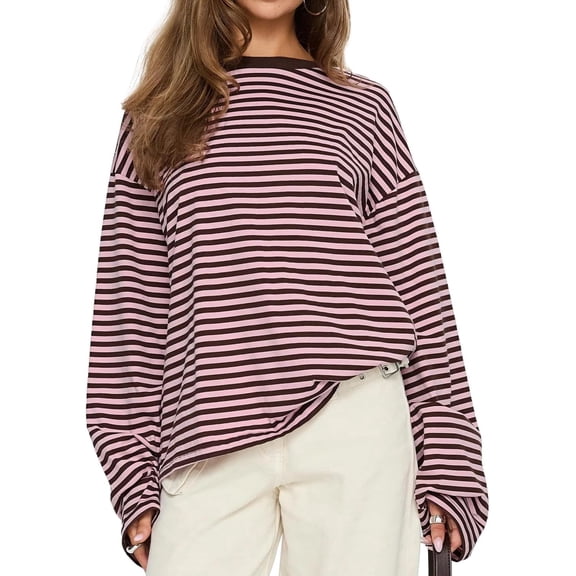 Carlikeit Women Oversized Striped Long Sleeve T Shirt 2026 Crewneck Casual Loose Fit Y2K Fashion Top