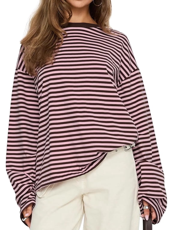 Women Oversized Striped Long Sleeve T Shirt 2026 Crewneck Casual Loose Fit Y2K Fashion Top